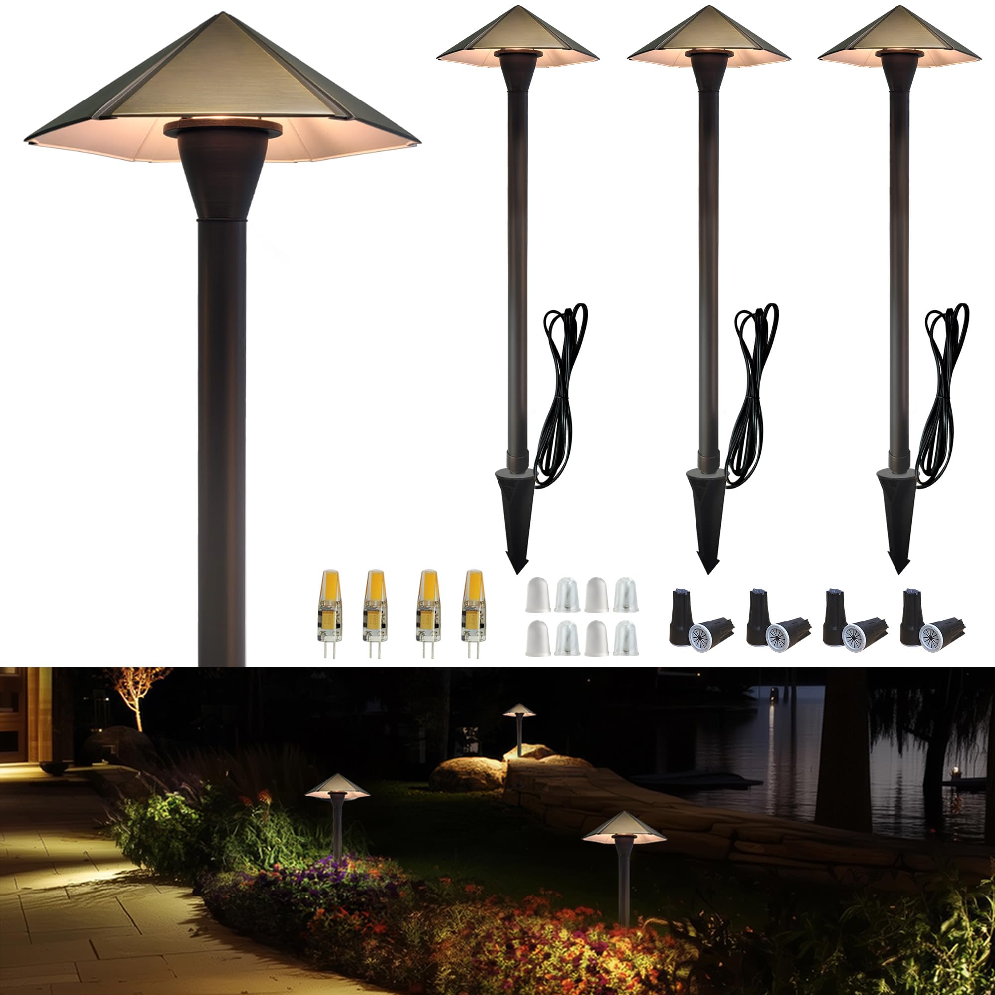 COLOER Solid Cast Brass Pathway Lights, 12V Low Voltage Landscape Lighting LED Path Lights with G4 Bulb for Outdoor Walkway, Garden, 23" Tall, 7.5" Shade (4) (4, P02 Bronze)