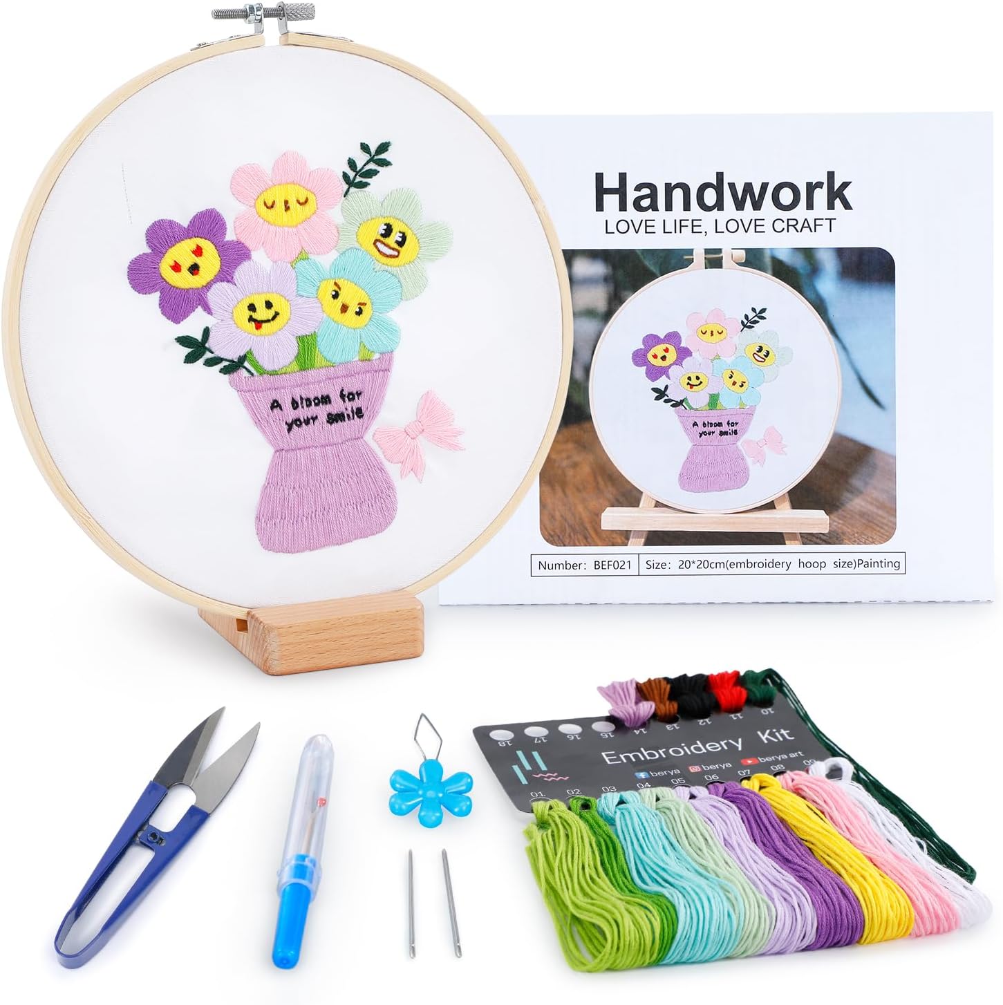 BERYA Embroidery Kit for Adult Beginners, Funny Flower Embroidery Kit with Step-by-Step Instructions & Video, Printed Cloth, 7.87" Hoop, Display Stand, Color Threads and Tools for Craft Lover(BEF021)