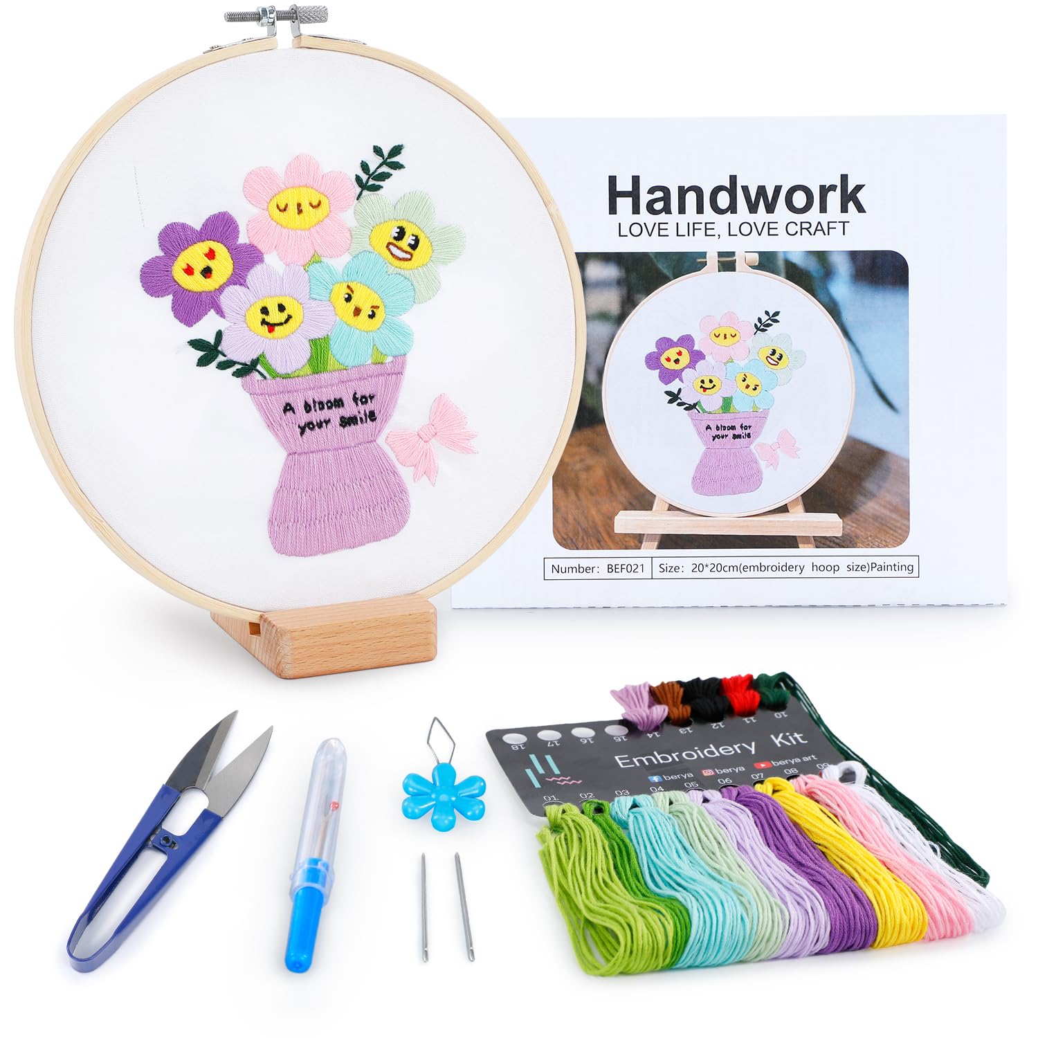 BERYA Embroidery Kit for Adult Beginners, Funny Flower Embroidery Kit with Step-by-Step Instructions & Video, Printed Cloth, 7.87" Hoop, Display Stand, Color Threads and Tools for Craft Lover(BEF021)