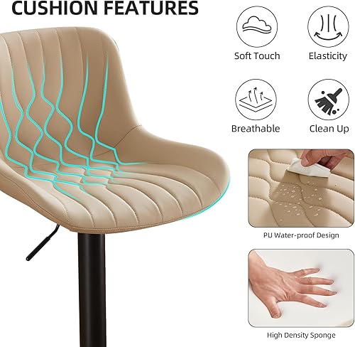 Miniatura 5 de Juego de 2 taburetes de bar ajustables modernos, respaldos giratorios con altura de mostrador de piel sintética para cocina, isla de desayuno,