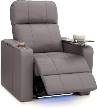Seatcraft Monterey Gray Italian Leather Home Theater Seating, Zero Gravity Power Recliner, Gaming and Home Office Chair, Powered Headrest Furniture for Family Cinema Room, Single Recliner