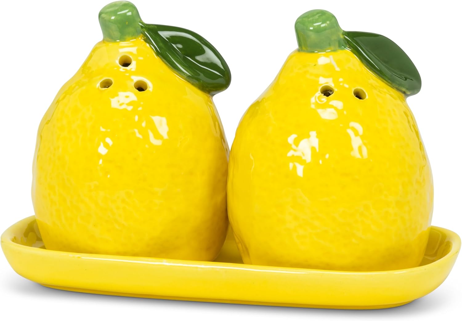 Abbott Collection Lemon Salt & Pepper Shaker Set on Tray - Ceramic, Yellow/Green (5.5 inches L)