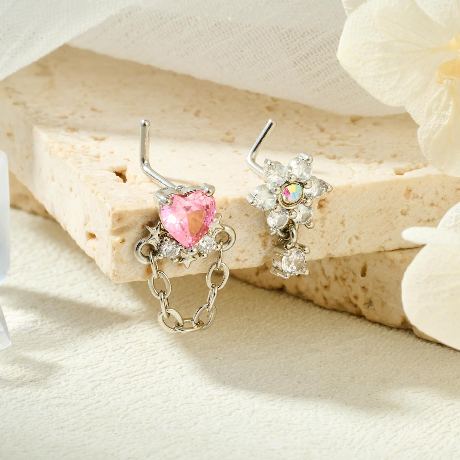 AceFun 8pcs Gold Silver L-Shaped Corkscrew Nose Rings Studs Set for Women 20G Surgical Steel Dangle Nose Ring Star Nostril Nose Piercing Jewelry Hypoallergenic CZ Heart Butterfly Bow Flower Bee Nose Studs - Image 5