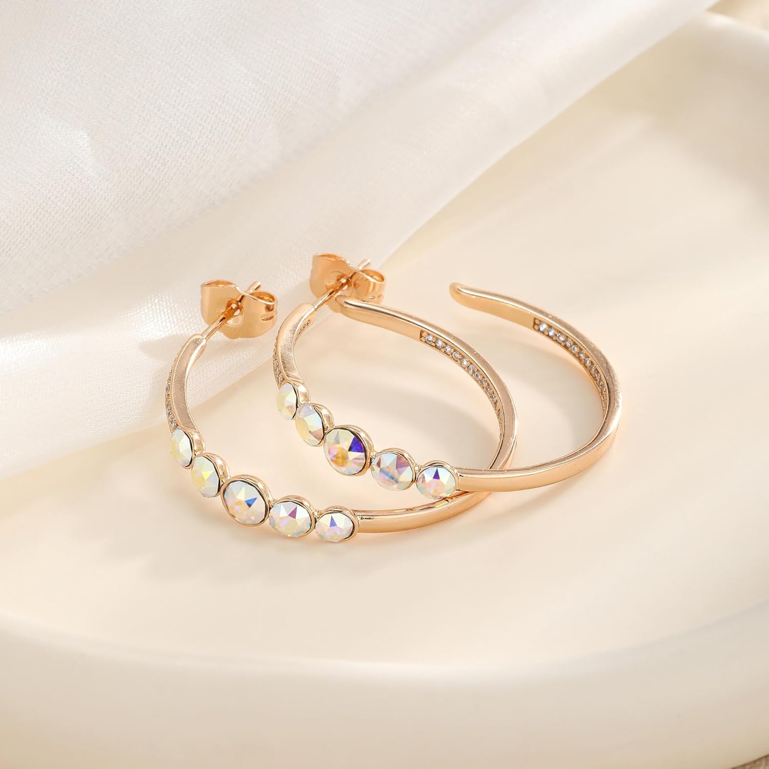 EVEVIC Austrian Crystal Half Hoop Earrings for Women Trendy 14K Rose Gold Plated Large Hoops Earring Jewelry Gift - Image 3