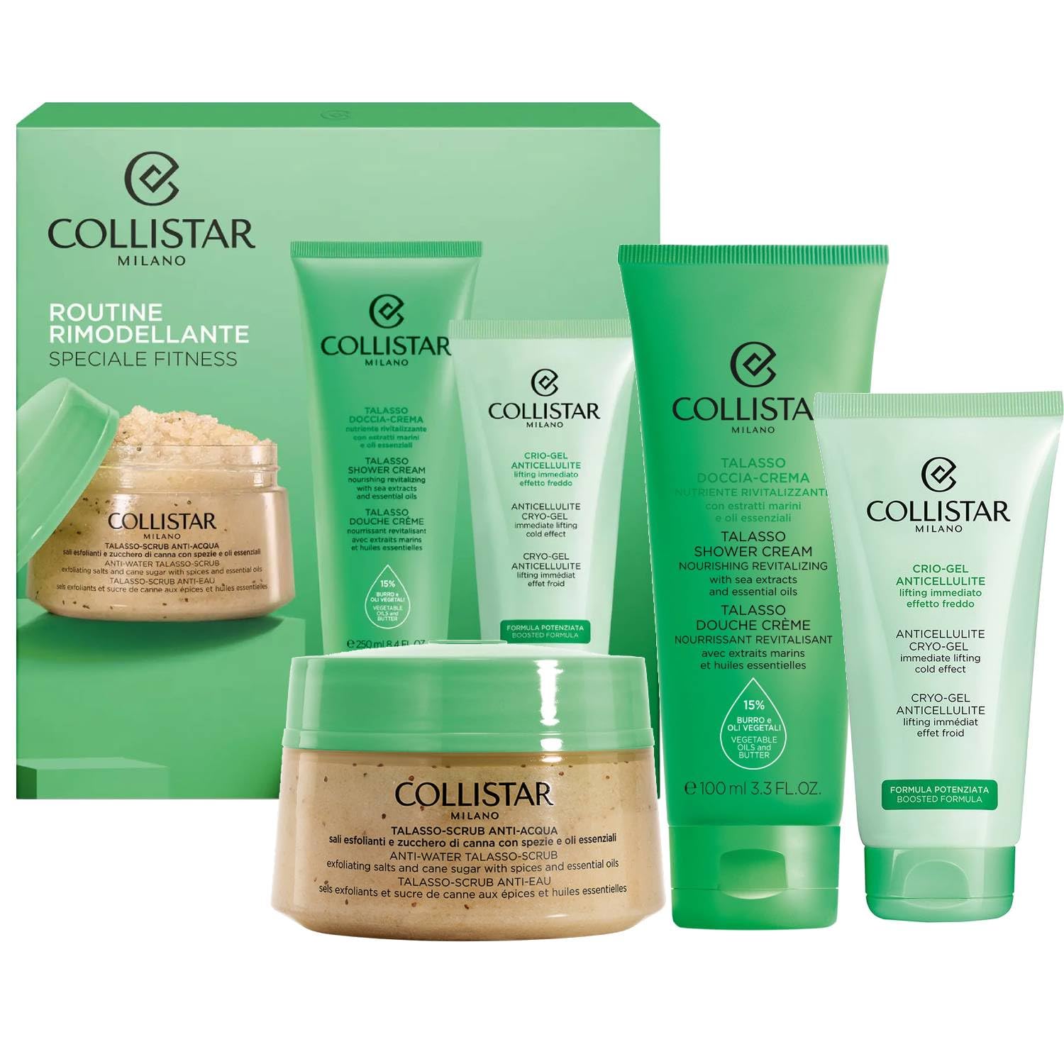 Collistar Kit Rimodellante Corpo Talasso – Scrub Esfoliante 300g + Doccia-Crema 250ml + Crio-Gel Anticellulite 175ml – Trattamento Tonificante e Levigante