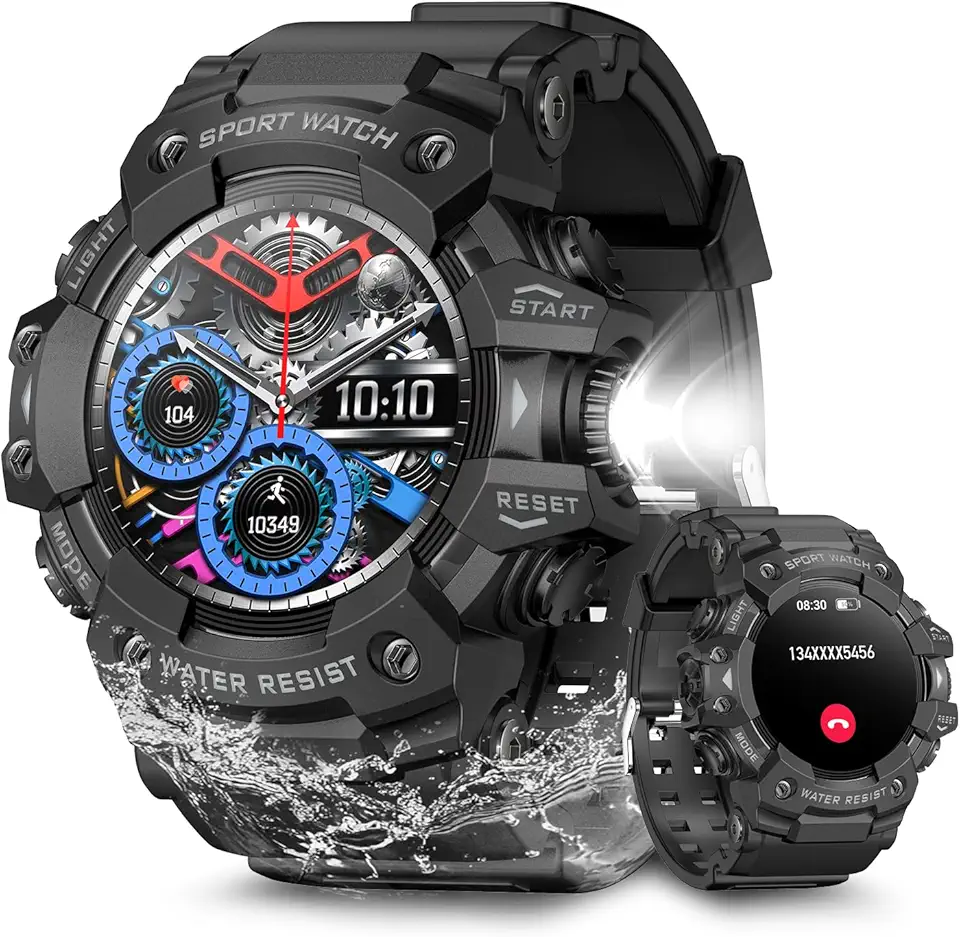 Smartwatch Masculino Militar com GPS, Tela 1.32 Polegadas, Resistente à Água IP68 50m, Bateria 300mAh, Lanterna LED, Bússola, Mais de 100 Modos Esportivos