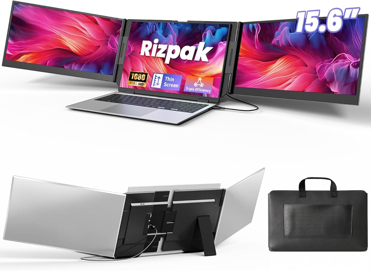 One Cable Laptop Screen Extender, 15.6” Ultra-Slim Triple Portable Monitor, 1080P FHD IPS Display, USB-C/USB-A Connection, Travel Monitor for 13–17.3" Laptops, MacOS/Windows/Android