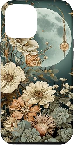 Funda Boho Moon Wildflower Floral on Sage Green Background para iPhone 14 Pro Max