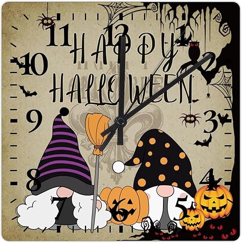 Miniatura 1 de Reloj de pared de madera, feliz Halloween, bosque medieval, calabaza, gnomos, telaraña, murciélago, reloj de pared de madera, funciona con pilas,