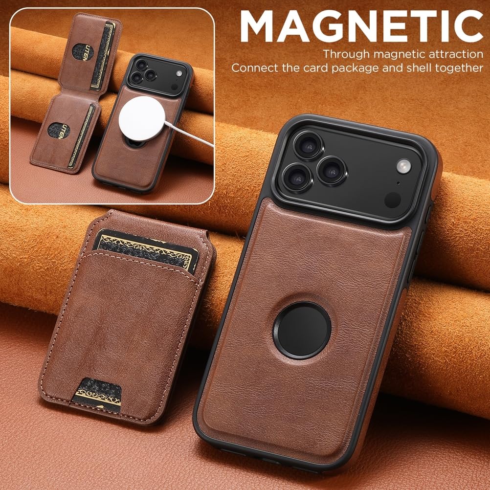 Skórzane etui na iPhone'a 17 Pro Max/17 Pro/Air/17, magnetyczny odpinany uchwyt na karty, etui z podstawką i logo. Widok biznesowy.