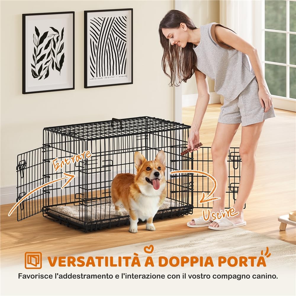 Yaheetech Gabbia per Cani Gatti Kennel in Metallo Cuccioli Pieghevole con Vassoio Rimovibile Doppia Porta e Divisorio Regolabile 92 × 56,5 × 63 cm Nero