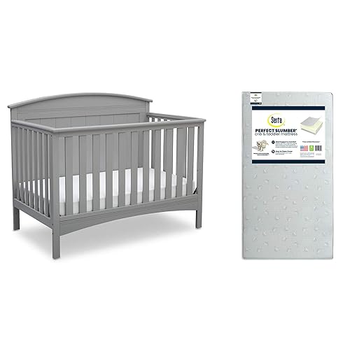 Delta Children Archer - Cuna 4 en 1, gris + colchón Serta Perfect Slumber de doble cara con núcleo de fibra reciclada para cuna y niño pequeño