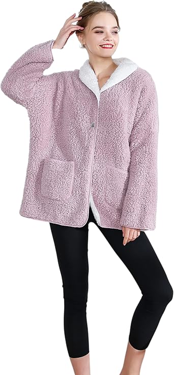 Womens Plush and Cozy Sherpa Reversible Button Front Bed Jacket