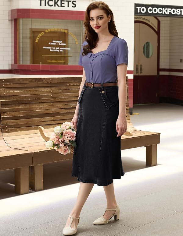 Belle Poque Women's Black Knee Length Denim Skirts Vintage Elastic High Waist Midi Jean Skirts with Pockets S by Belle Poque - Image 6