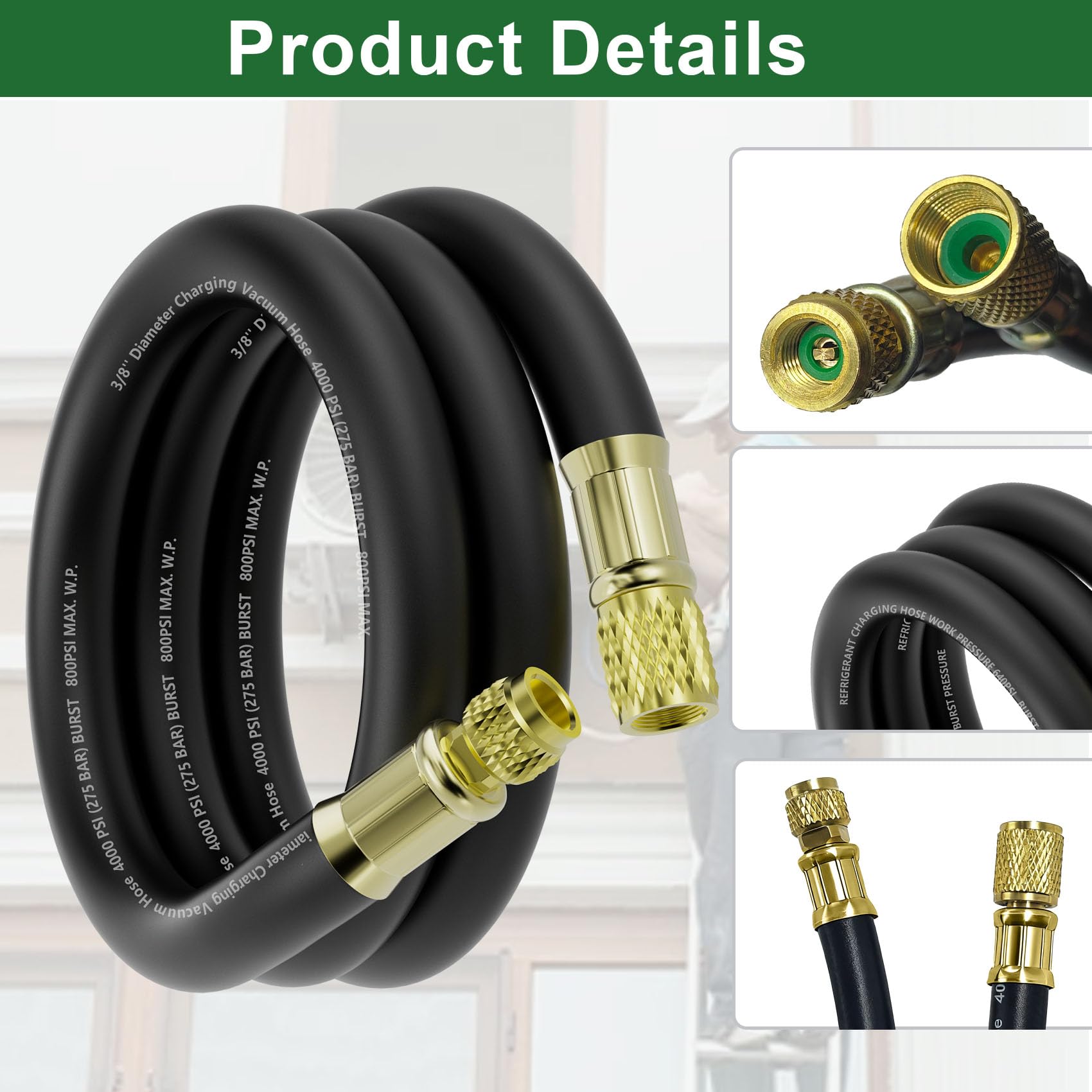 Manguera de vacío HVAC de 3/8 pulgadas (6 pies), accesorios SAE de 3/8 a 1/4 pulgadas, funcionamiento de 800 psi/presión de ráfaga de 4000 psi, manguera de alto flujo certificada por vacío compatible
