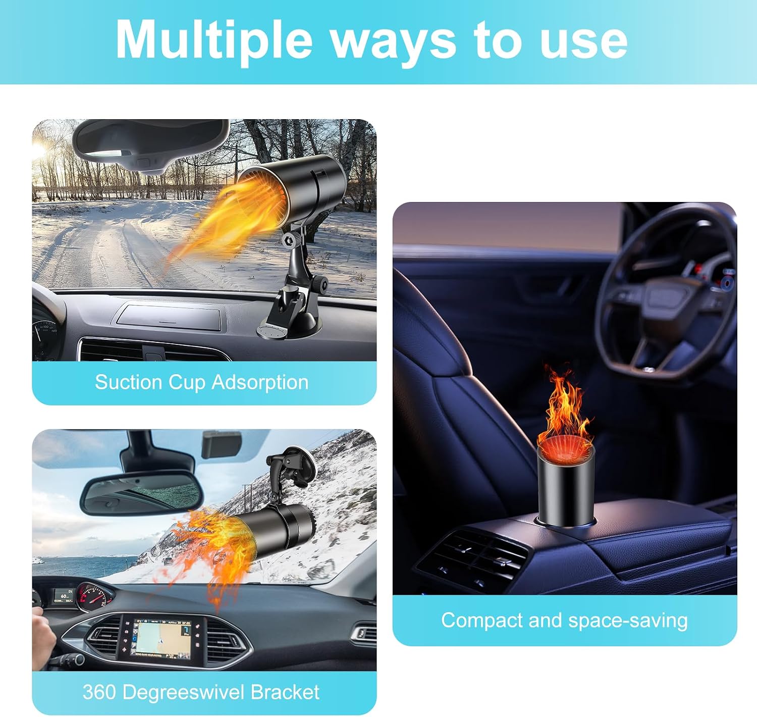 Car Heater, Portable Car Heater 12V 150W Plug-in Cigarette Lighter Car Heaters, 2 in 1 Heating & Cooling, Car Windshield Defroster Demister with Brackets, Fast Heating Defogger