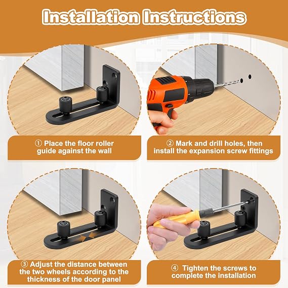 Adjustable Sliding Door Floor Guide with Accessory, Universal Carbon Steel Barn Door Track Flush Bottom Guides, Black Easy to Install Protect Wall Mount Stay Roller Runners for Different Sizes Doors