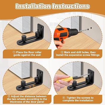 Adjustable Sliding Door Floor Guide with Accessory, Universal Carbon Steel Barn Door Track Flush Bottom Guides, Black Easy to Install Protect Wall Mount Stay Roller Runners for Different Sizes Doors
