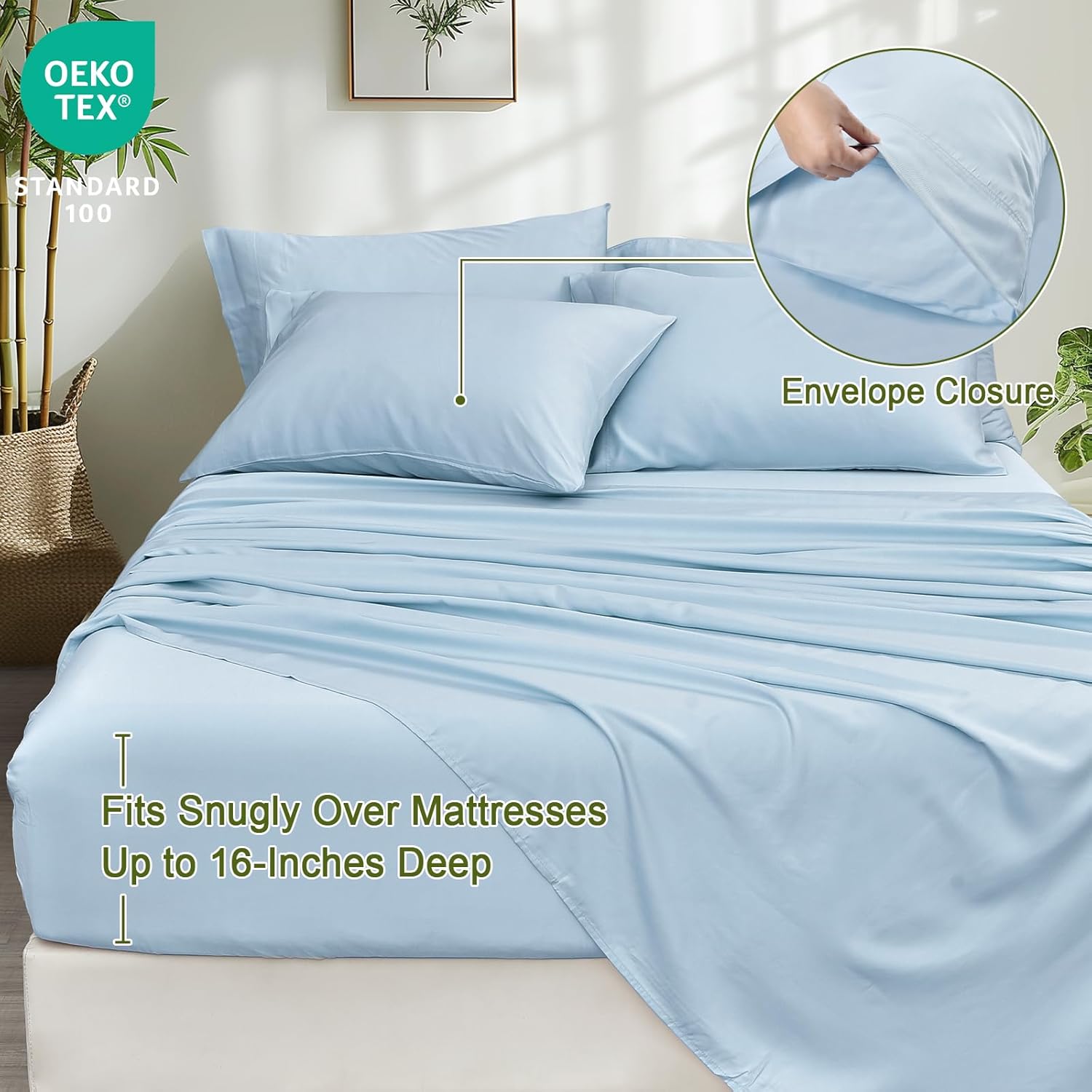 PHF 6PCS 100% Rayon Derived from Bamboo_ Sheets Set King Size, Cooling Sheets for Hot Sleepers, Wider Elastic Band & 16" Deep Pocket, Luxury Silky Soft Breathable Bedding Set & Pillowcase, Sky Blue