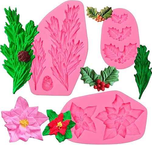 Moldes de arcilla de silicona de hoja de acebo de Navidad, 3 paquetes de moldes de fondant de flores de abeto para decoración de velas de Navidad,