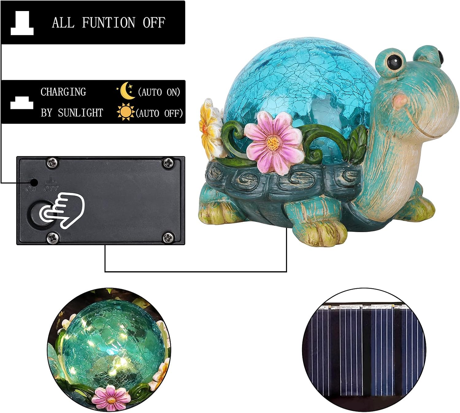 Afirst Solar Garden Statues Outdoor Figurines - Turtle Lawn Ornament with Solar Lights Cracked Glass Outdoor Decor for Patio Yard Decorations