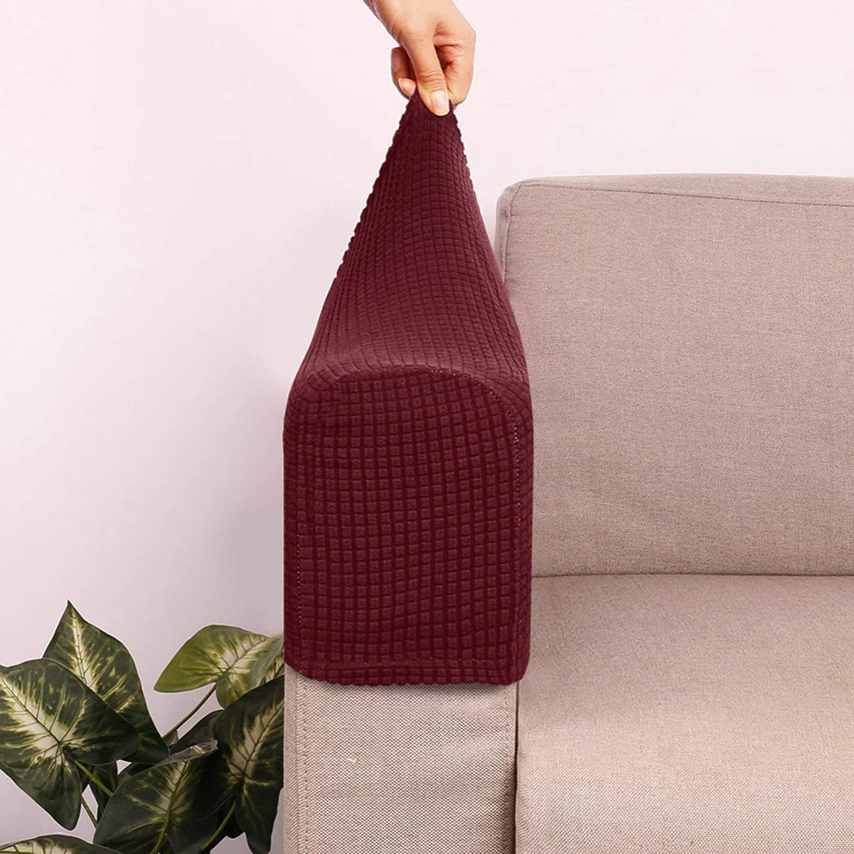 Sewroro Sofa Armrest Covers Stretch Chair Arm Protectors Washable Universal Armchair Slipcover Arm Cover for Home Office (Claret) 2pcs
