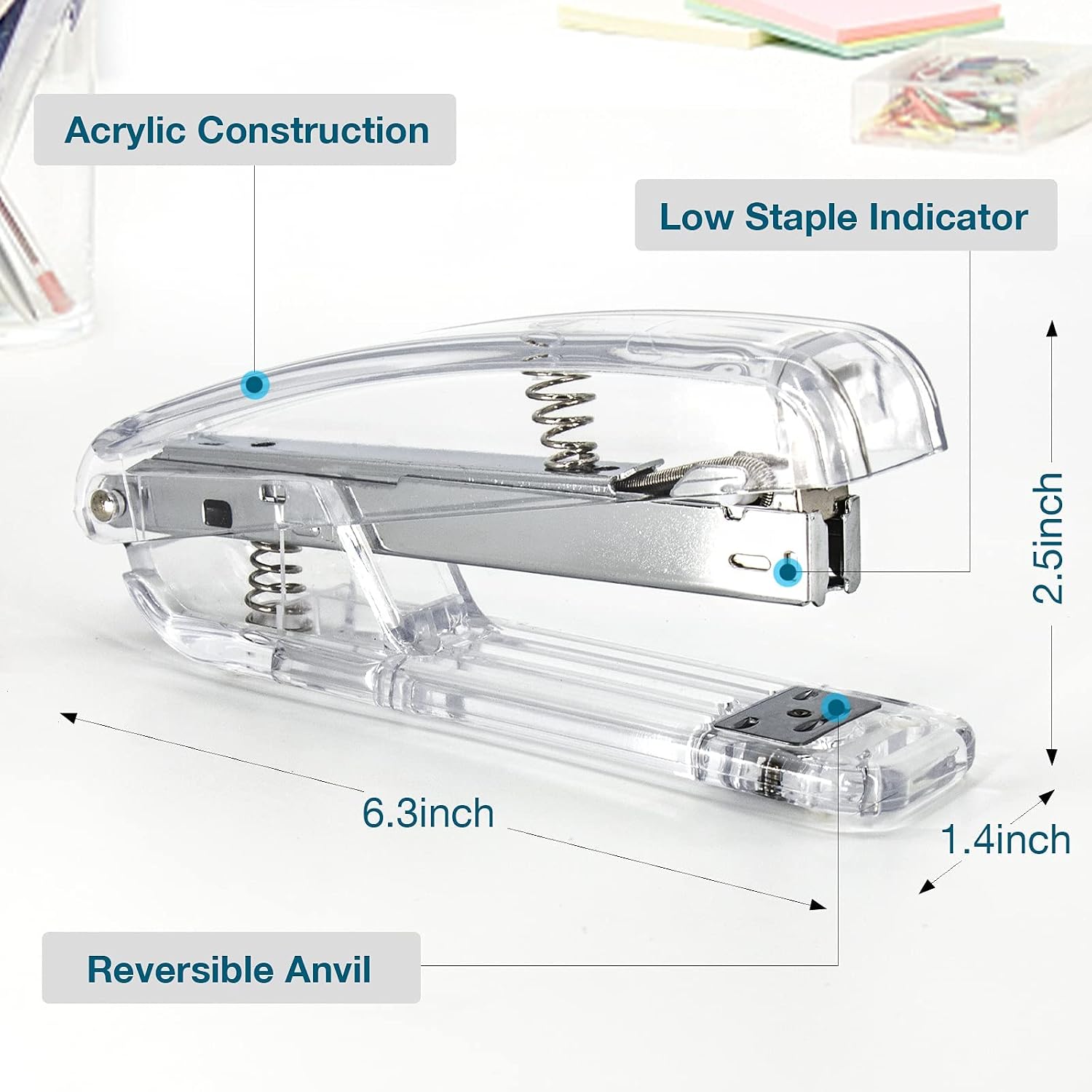 ULREON Office Stapler,Transparent Spring Powered Desktop Stapler with 1000 Pieces Staples - Silver