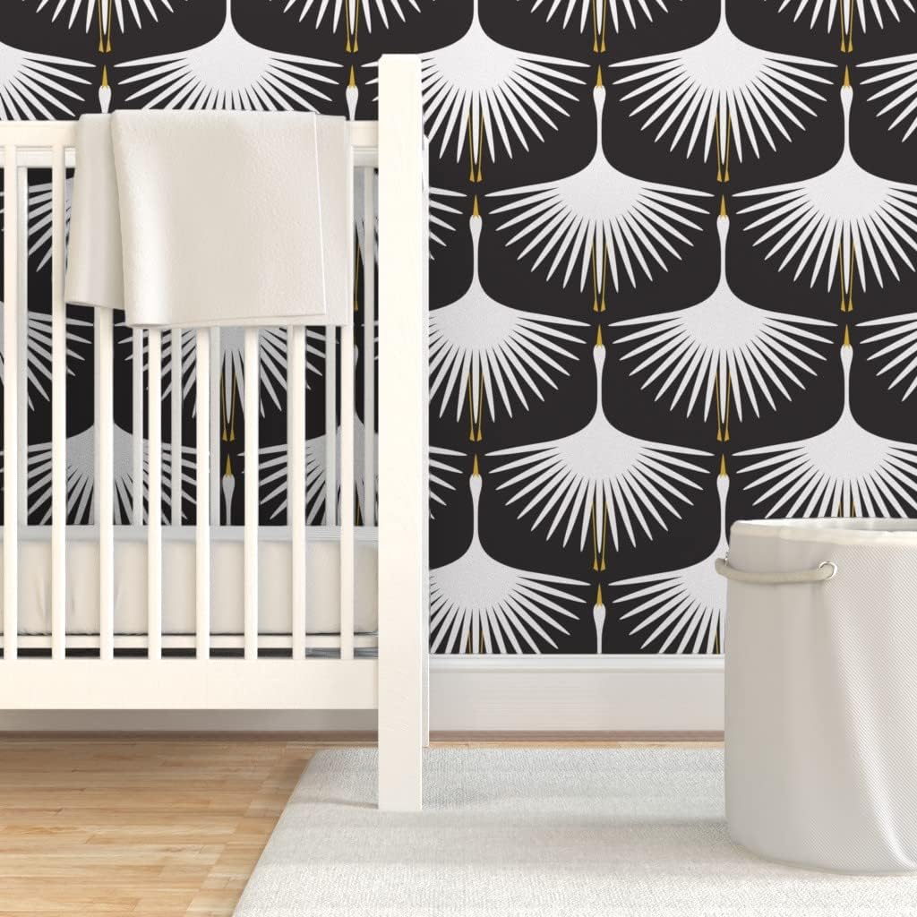 Spoonflower Removable Wallpaper 3ft x 2ft - Bird Black White Art Deco Feathers Swan midcentury Custom Pre-Pasted Wallpaper