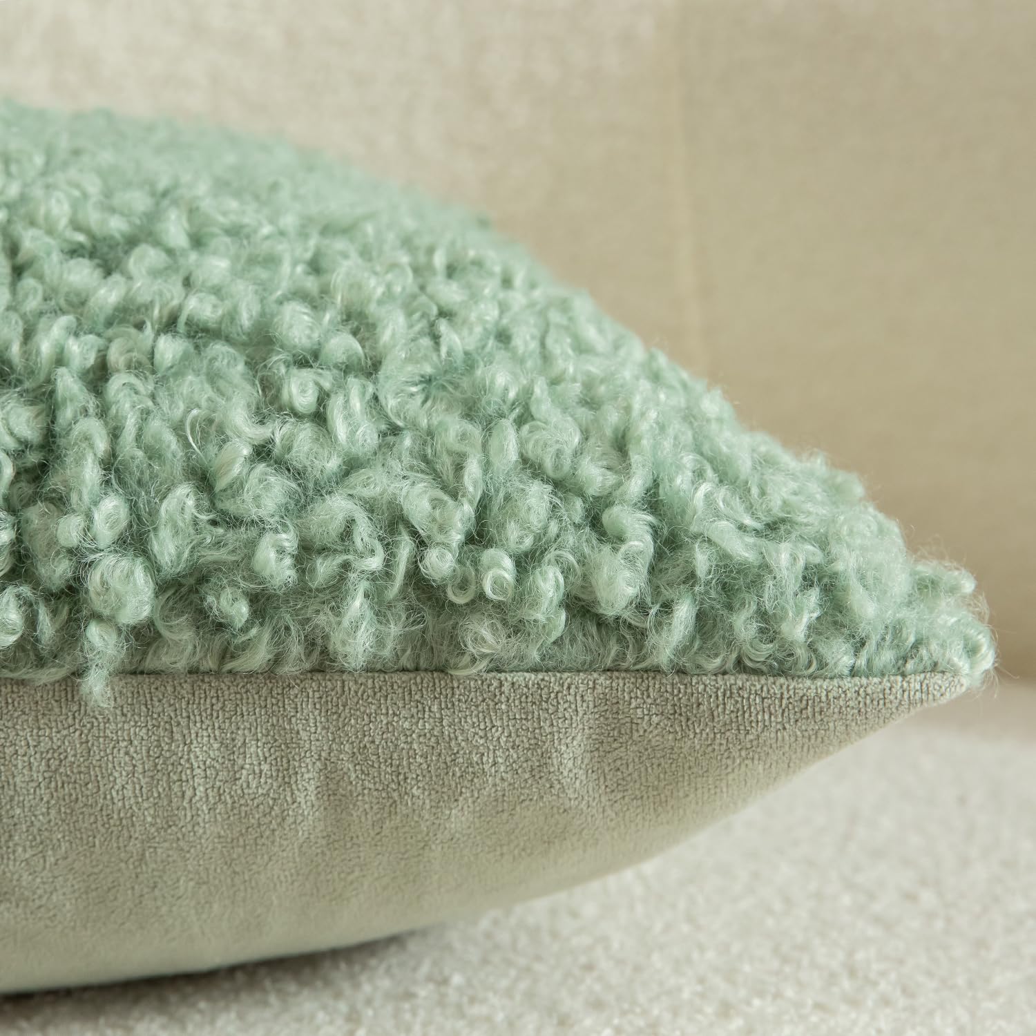 YAERTUN Pack of 2 Faux Fur Cushion Covers Decorative Sherpa Boucle Throw Pillow Covers Fuzzy Soft Sheepskin Fleece Pillowcases for Couch Sofa Bed Living Room 12x20 Inch 30x50cm Sage Green - Image 4