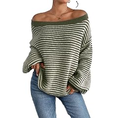Womens Oversized Striped Sweater Casual Off Shoulder Long Sleeve Sweaters Loose Knit Pullover Tops