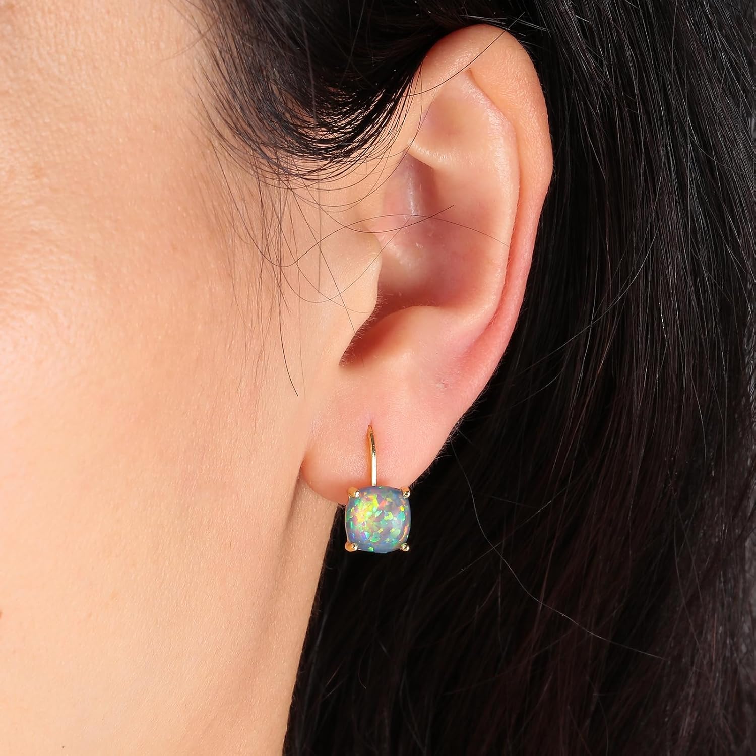 CiNily Leverback Dangle Earrings for Women Girls Hypoallergenic,14K Gold Plated Pendant Earrings Square Opal Hoops Hanging Lever Earrings Fashion Jewelry Gifts for Sensitive Ears - Image 2