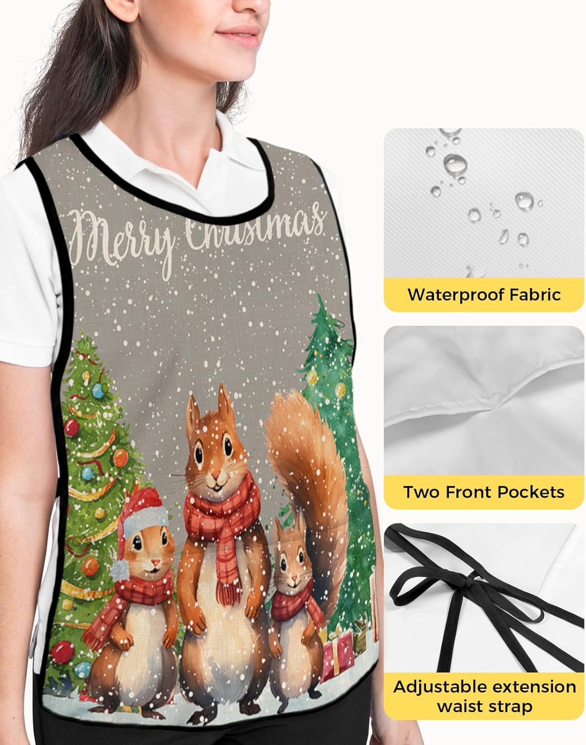 Double Love Christmas Gnomes Cobbler Aprons with 2 Pockets for Women Men, Xmas Snowy Tree Bird Pink