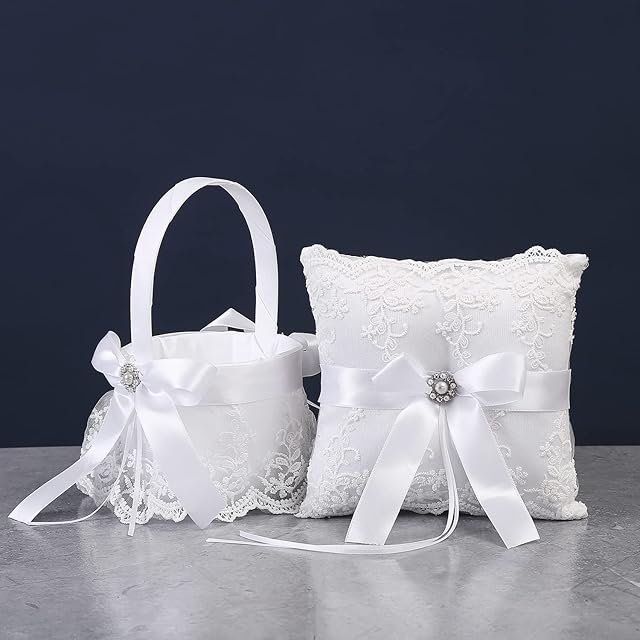 Flower Girl Basket and Ring Bearer Pillow Set Flower Girl Baskets for Weddings Ring Cushion Flower Basket White Satin Bow Pearl Wedding Party Decoration Ceremony Supplies