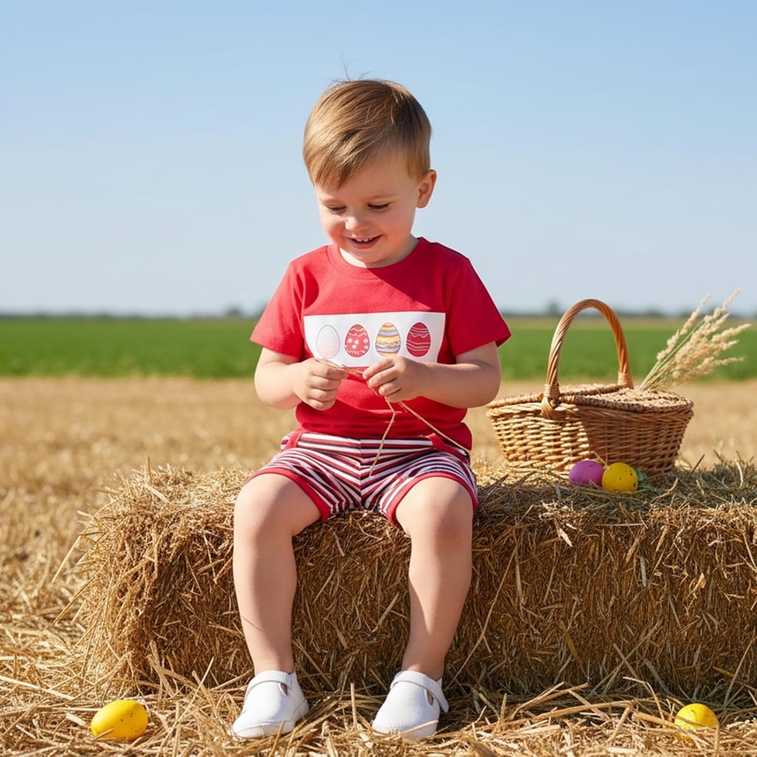 Douhoow Baby Boys Easter 2 Piece Outfits Short Sleeve Round Neck Rabbit Embroidery Tops and Plaid Shorts Set - Image 5