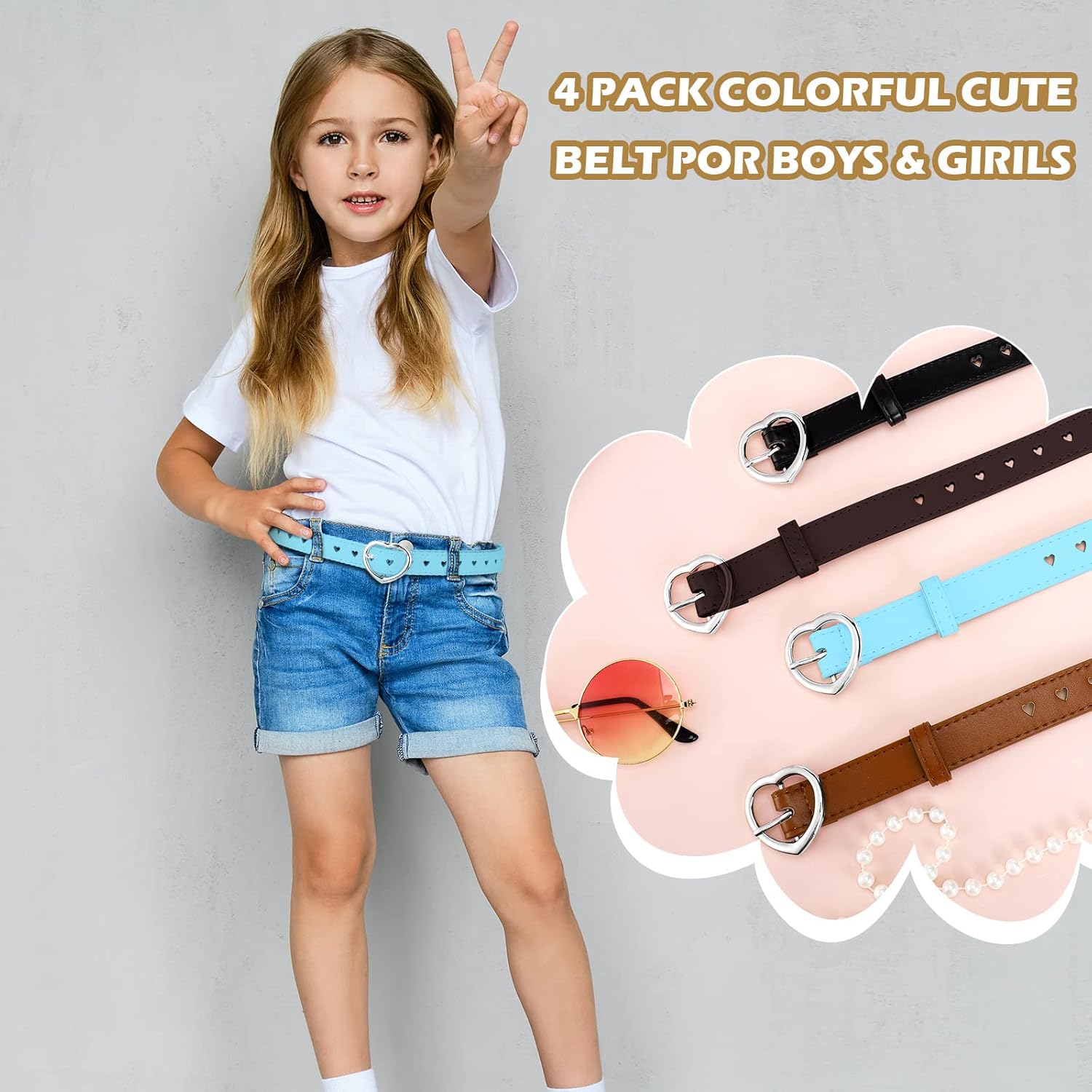 Newcotte 4 Pcs Girls Belt Size 6-12 Kids PU Leather Waist Belt Hollow Heart Design Metal Buckle for Girl Dress Pants Jeans - Image 5