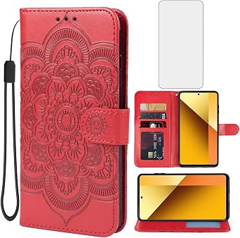 Case for Redmi Note 13 5G Case, Redmi Note 13R Pro Wallet Case with Tempered Glass Screen Protector, Mandala Leather Flip Credit Card Holder Stand Phone Cover for Xiaomi Redmi Note 13 5G Red