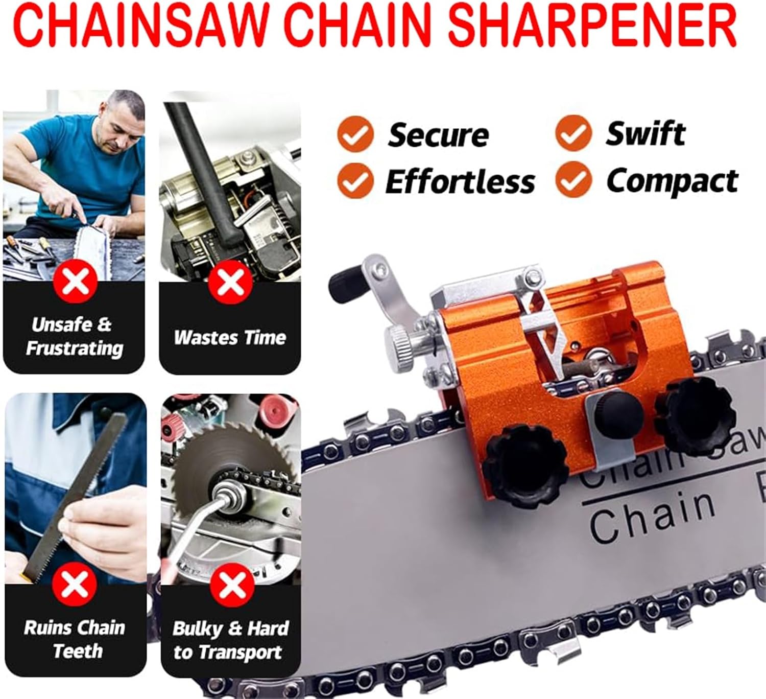 Chainsaw Sharpener Kit, Portable Hand Crank Chain Saw Sharpening Tool, Universal Jig with Precision Guide for 8‑22” Electric & Gas Saws(Yellow,Large)