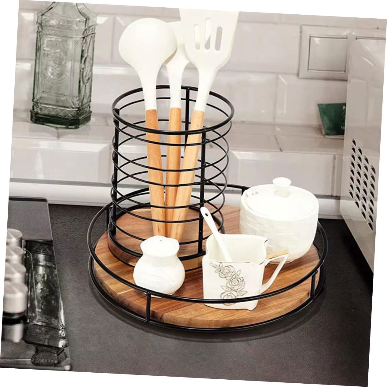 Amosfun Bandeja Organizadora Giratoria Redonda de Madera E Hierro Marrón | Cocina y Baño, Diseño Práctico Multifuncional, Fácil de Sacar Objetos, Soporte para Tarro de Especias