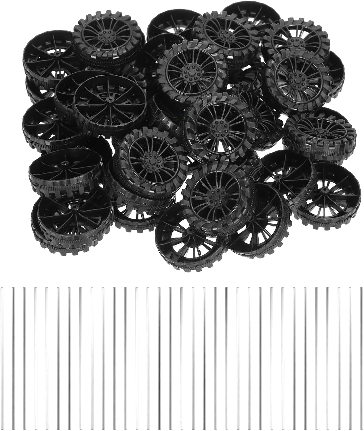MECCANIXITY 100pcs Toy Car Tires 45mm OD, 12mm Thick, RC Model Car Wheels with 2mm OD x 100mm Long Shaft for Craft Project Hobby, Black