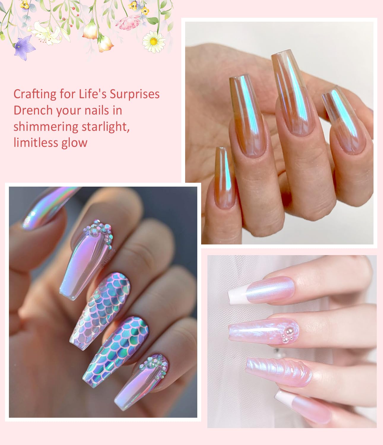 BISHENGYF 6pcs Chrome Nail Art Kit - Metallic Mirror Effect Powder With Iridescent Aurora and Mermaid Pearl Glitter Dust for DIY Design - Image 3