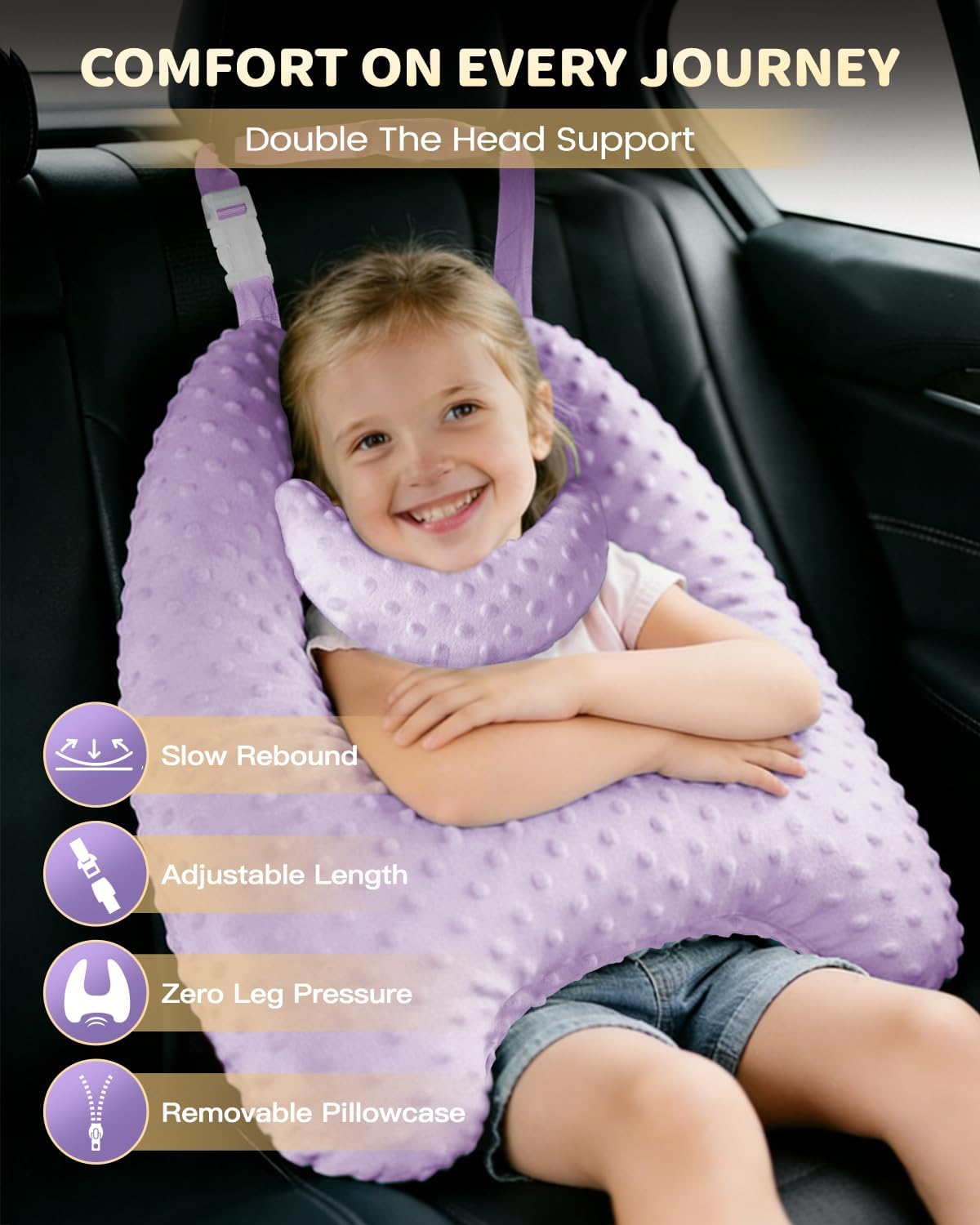 Memory Foam Kids Travel Pillow, Car Pillow for Kids, Velvet Dots, Purple image 3