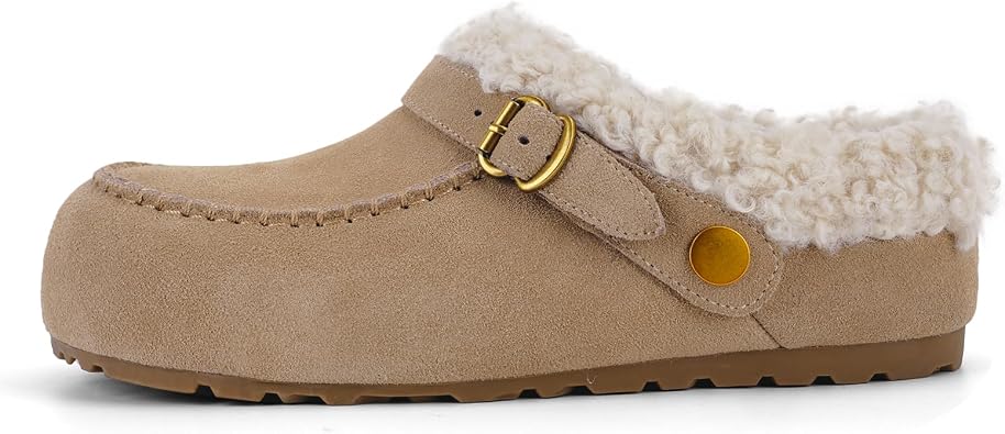 Faux Suede Mules for Women with Artificial Shearling Lining, Clogs for Women Slip-On with Buckle Accent for Winter Cozy Casual Footwear