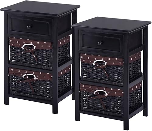 Giantex Mesita de noche de madera de 3 niveles con 2 cestas y 1 cajón, organizador de almacenamiento para el hogar, sala de estar, dormitorio, mesa