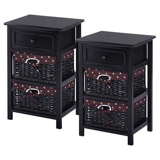 Giantex Wooden Nightstand 3 Tiers W/ 2 Baskets and 1 Drawer Bedside Sofa Storage Organizer for Home Living Room Bedroom End Table (2, Black)