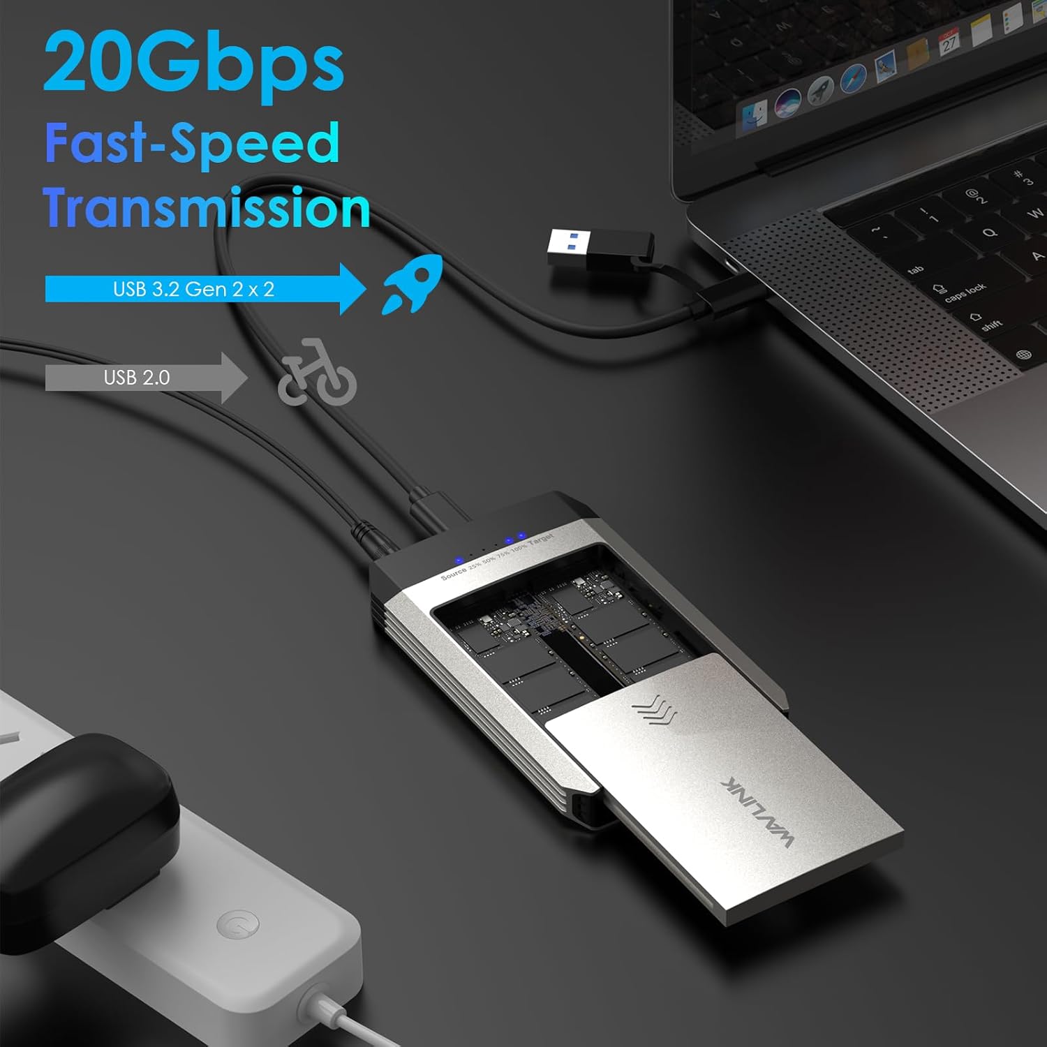WAVLINK 20Gbps Dual-Bay M.2 NVMe SSD Enclosure & Offline Cloner, USB 3.2 Gen2x2 USB-C, Supports 2X 4TB (8TB Total), One-Click Clone Without PC, M-Key 2230/2242/2260/2280, for Mac and Windows ST348