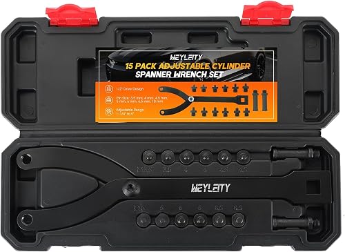 Variable Pin Spanner Wrench 15 Pack 1-1/4 Inches to 5 Inches | Adjustable Cylinder Spanner Wrench Set with Pins 1/2" Drive Ratchet Fan Clutch Pully Holder Wrench Kit (Black)