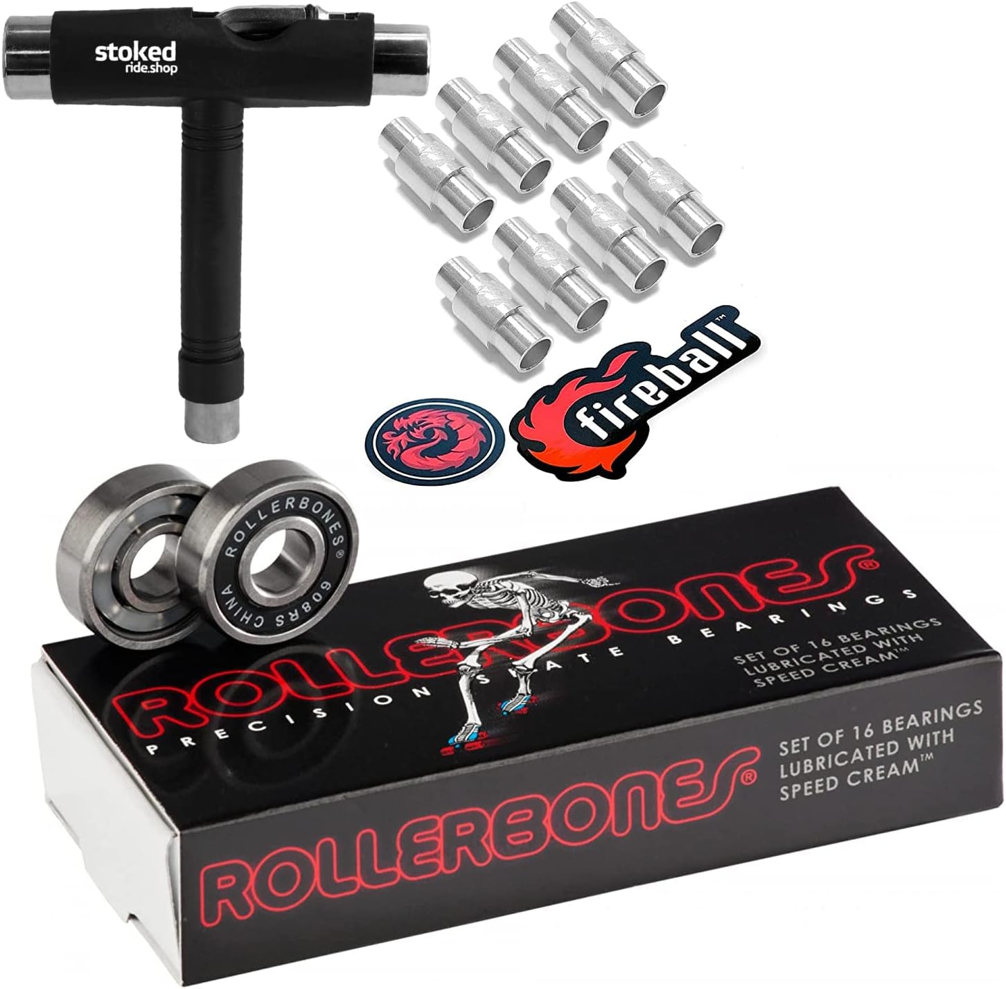 Rollerbones Bearings 8mm 16 Pack - w/Dragon Spacers - Bones Bearings Roller Bearing Set for Roller Derby Inline Skates & Rollerblades (608, w/ 6mm Spacers + Tool)