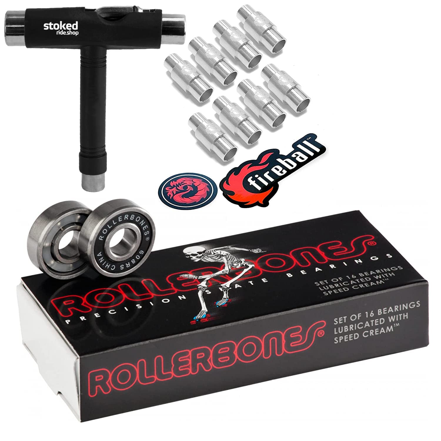 Rollerbones Bearings 8mm 16 Pack - w/Dragon Spacers - Bones Bearings Roller Bearing Set for Roller Derby Inline Skates & Rollerblades (608, w/ 6mm Spacers + Tool)