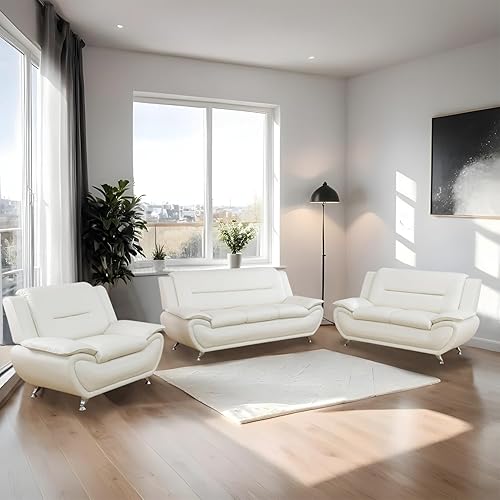 Miniatura 7 de Sofás Seccionales de Cuero, Conjuntos de Muebles de Sala de Estar, 3 Piezas Conjunto de Sofá Moderno para Sala de Crema