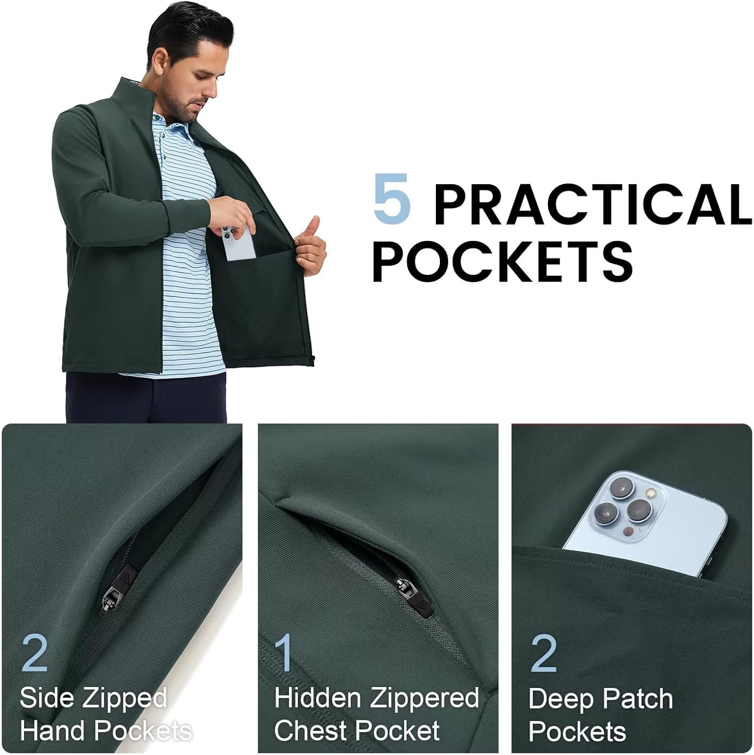 MAELREG Mens Full Zip Up Jacket Casual Stand Collar Lightweight Golf Softshell Windbreaker Jacket for Men 5 Pockets - Image 4